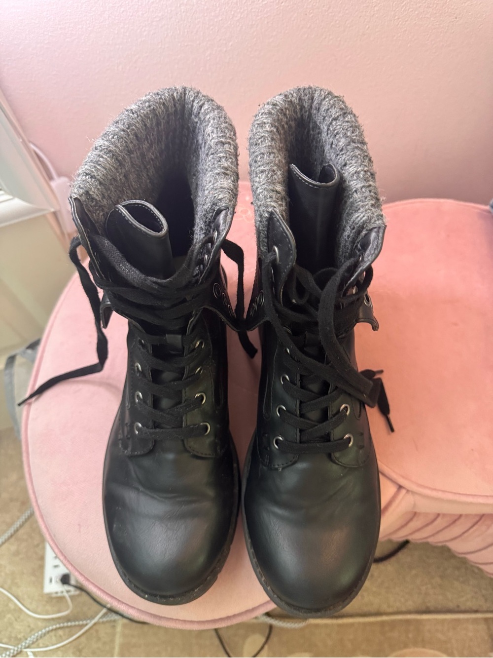 MIA Black Lace-Up Boots with Gray Faux Wool Collar